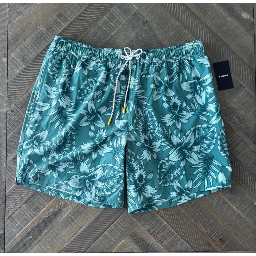 Bonobos Mens Large Floral Swim Trunks Teal Green 7 Inch Inseam BOE26115RO NWT